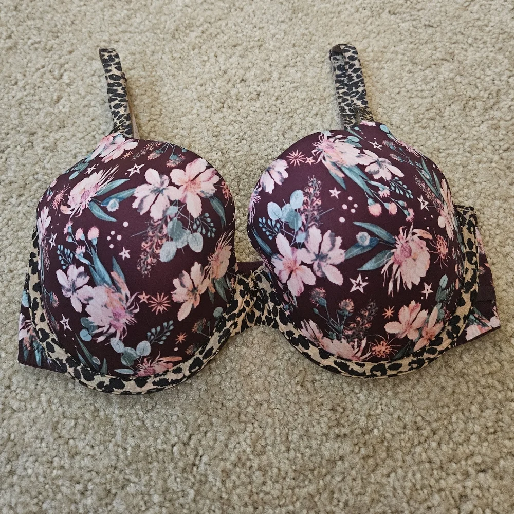 Victoria's Secret Lined Demi Bra Purple Floral Leopard Print Size 32DD